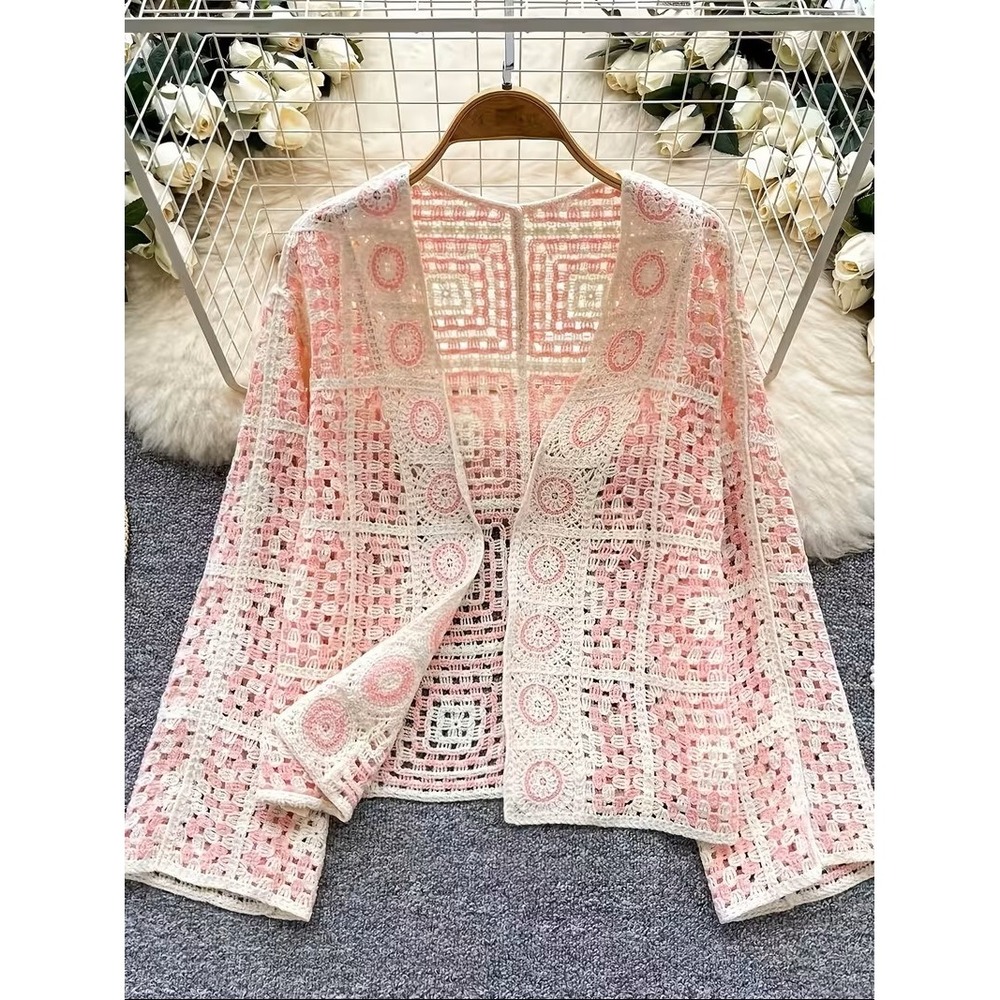 Unbranded Pink Cream Crochet Patchwork Cardigan Open Front Boho Knit Sweater M/L
